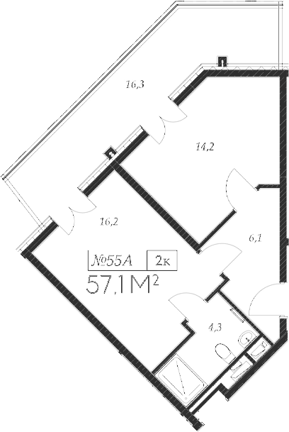 Планировка 2-комнатная 57,1 м²