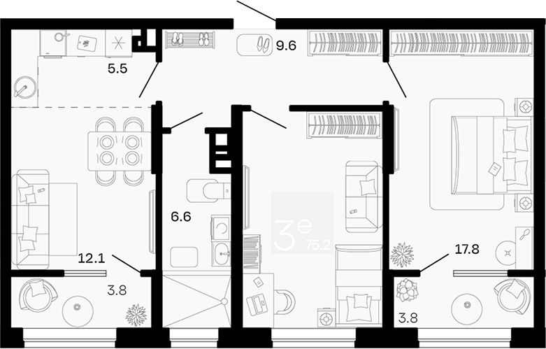 Планировка 3-комнатная 75,2 м²