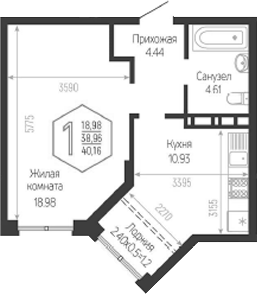 Планировка 1-комнатная 40,16 м²