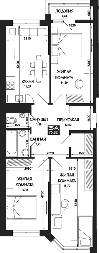 Планировка 3-комнатная 76,32 м²