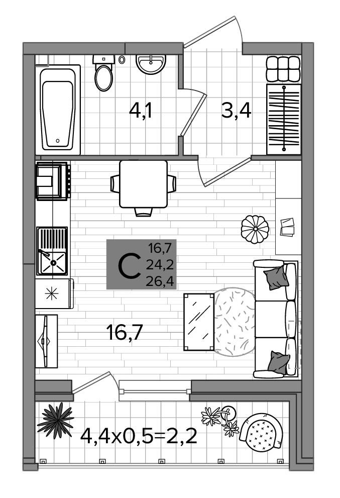 Планировка Студия 26,25 м²