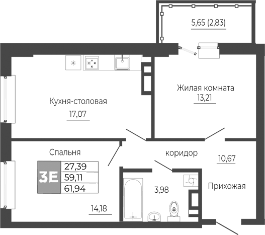Планировка 3-комнатная 61,94 м²