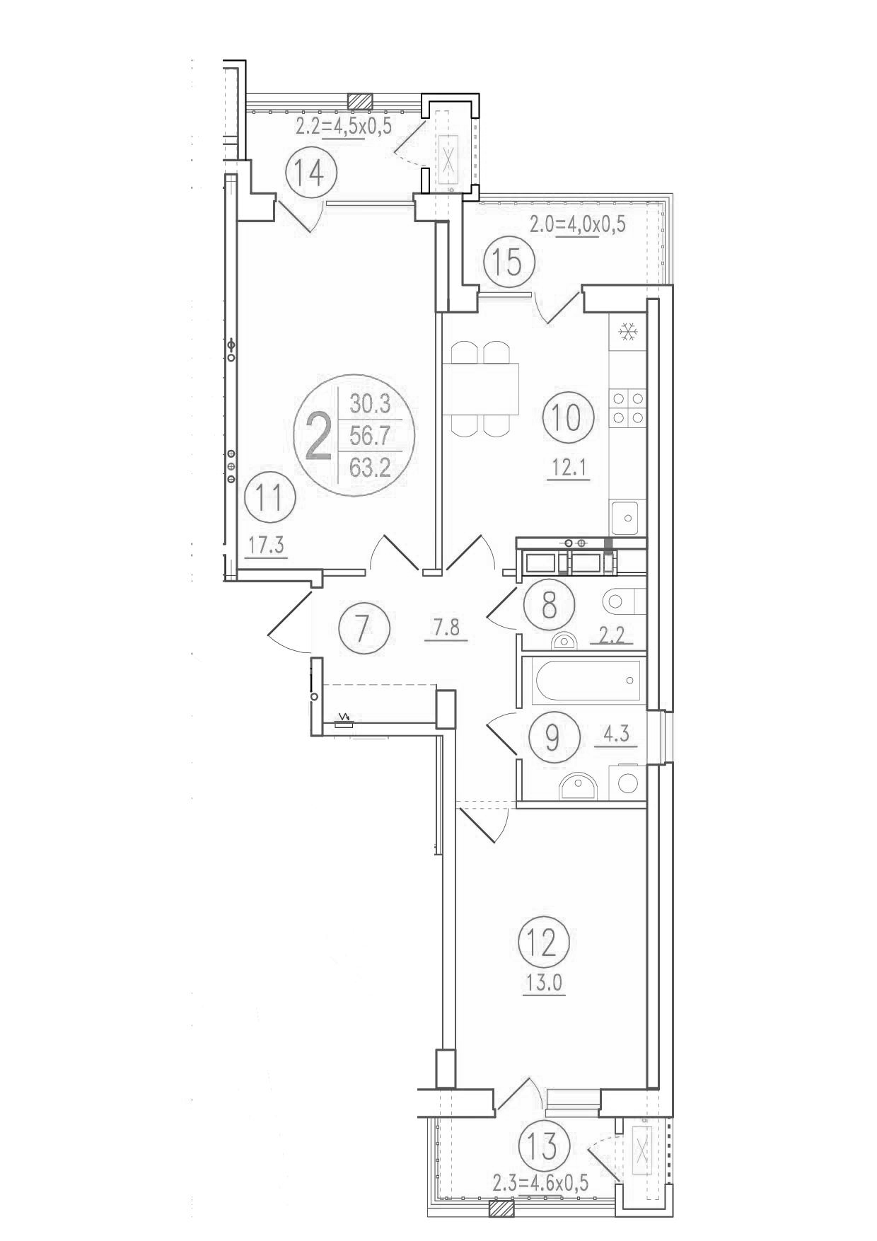 Планировка 3-комнатная 63,2 м²
