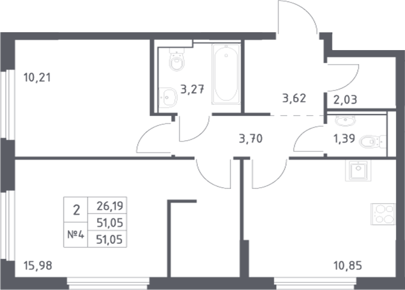 Планировка 2-комнатная 51,05 м²