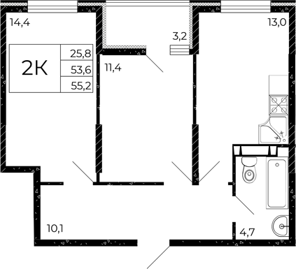 Планировка 2-комнатная 55,2 м²