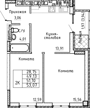 Планировка 2-комнатная 51,1 м²