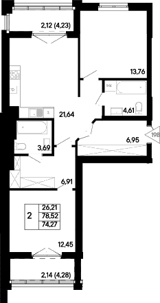 Планировка 3-комнатная 74,27 м²