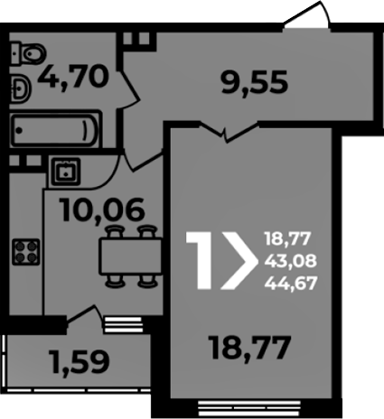 Планировка 1-комнатная 44,67 м²