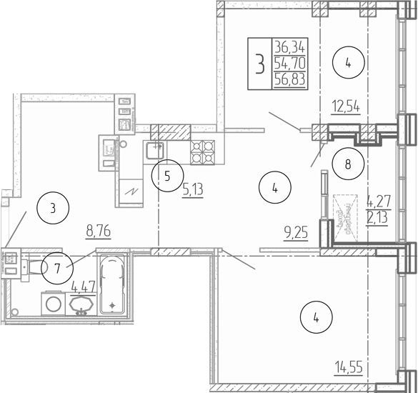 Планировка 3-комнатная 56,83 м²