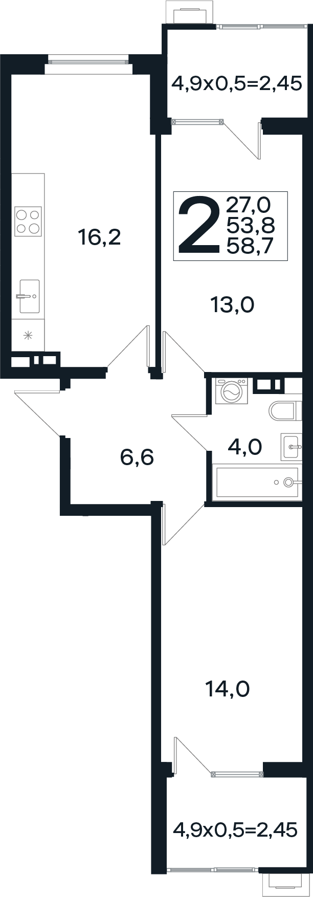 Планировка 2-комнатная 58,7 м²