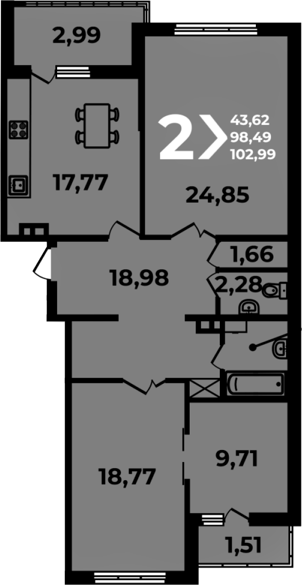 Планировка 3-комнатная 102,99 м²