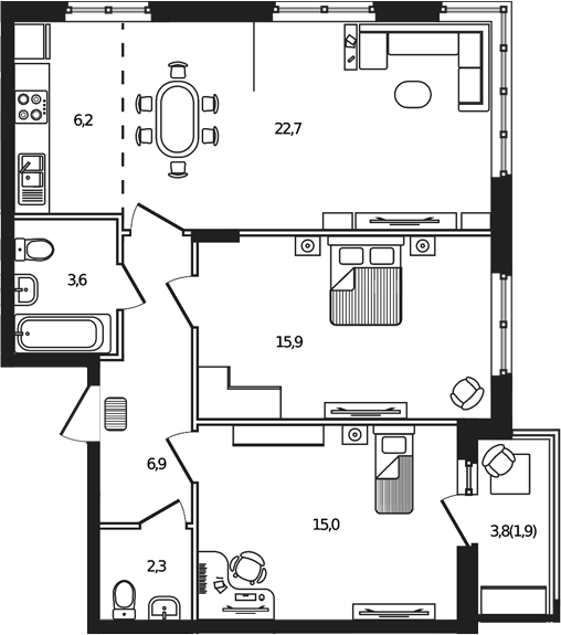Планировка: 3-комн. квартира 74,5 м²