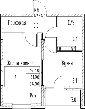 Планировка 1-комнатная 35,1 м²