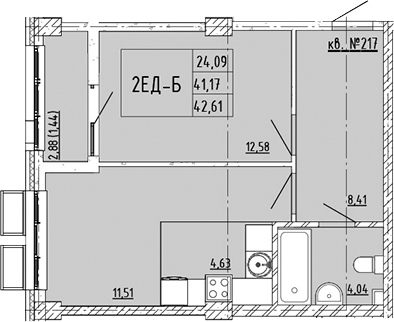 Планировка 2-комнатная 42,61 м²