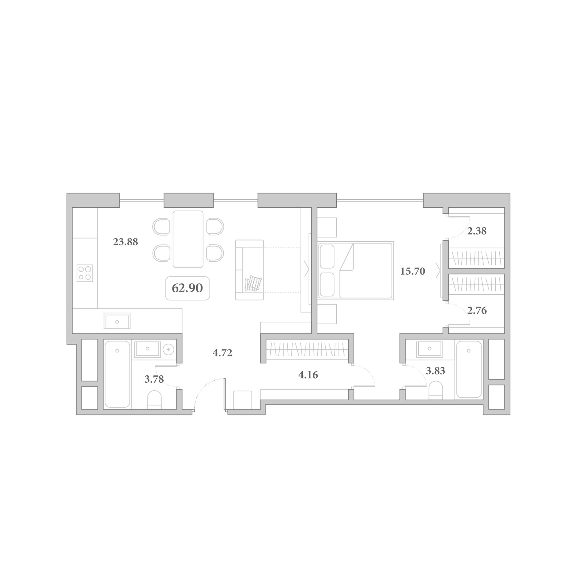 Планировка 2-комнатная 62,9 м²