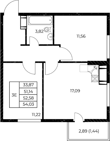 Планировка 2-комнатная 54,03 м²