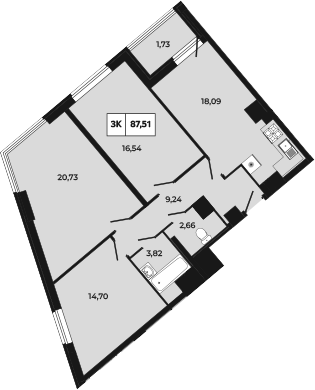 Планировка 3-комнатная 87,51 м²