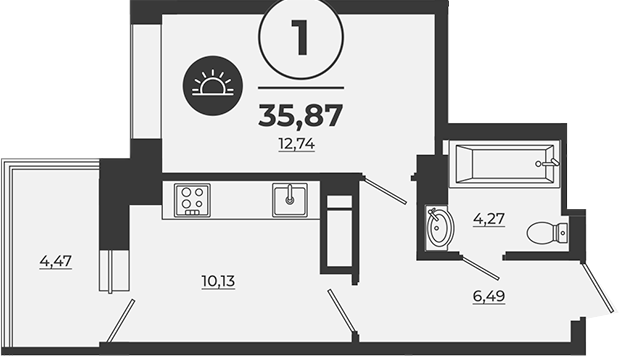 Планировка 1-комнатная 34,28 м²