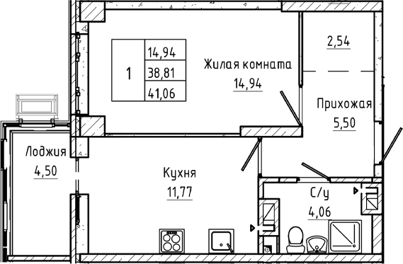 Планировка 1-комнатная 41,06 м²