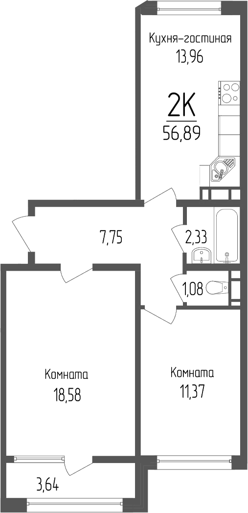 Планировка: 2-комн. квартира 56,9 м²