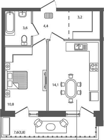 Планировка 1-комнатная 39,9 м²