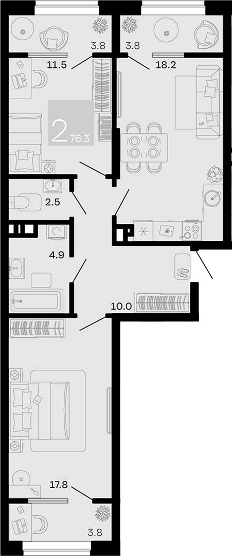 Планировка 2-комнатная 76,3 м²
