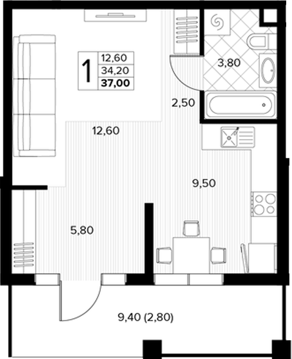 Планировка Студия 37 м²