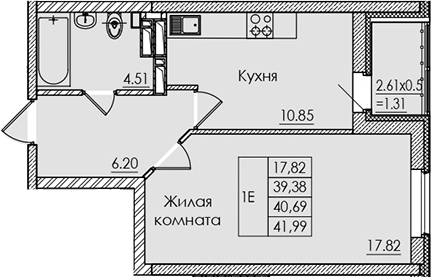 Планировка 1-комнатная 40,69 м²