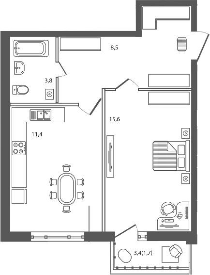 Планировка: 1-комн. квартира 41 м²