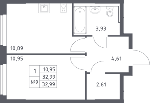 Планировка 1-комнатная 33 м²
