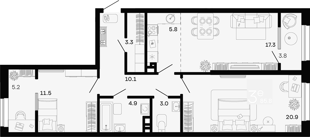 Планировка 2-комнатная 85,8 м²