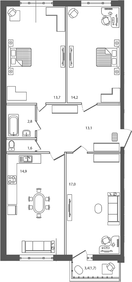 Планировка 3-комнатная 79 м²
