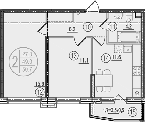 Планировка 2-комнатная 50,7 м²