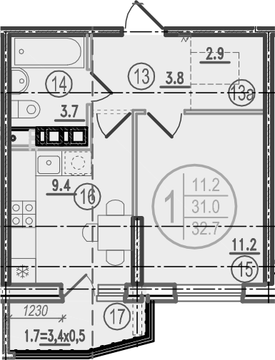 Планировка: 1-комн. квартира 32,7 м²