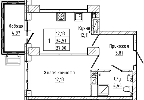 Планировка 1-комнатная 37 м²