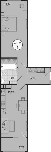 Планировка 2-комнатная 46,02 м²