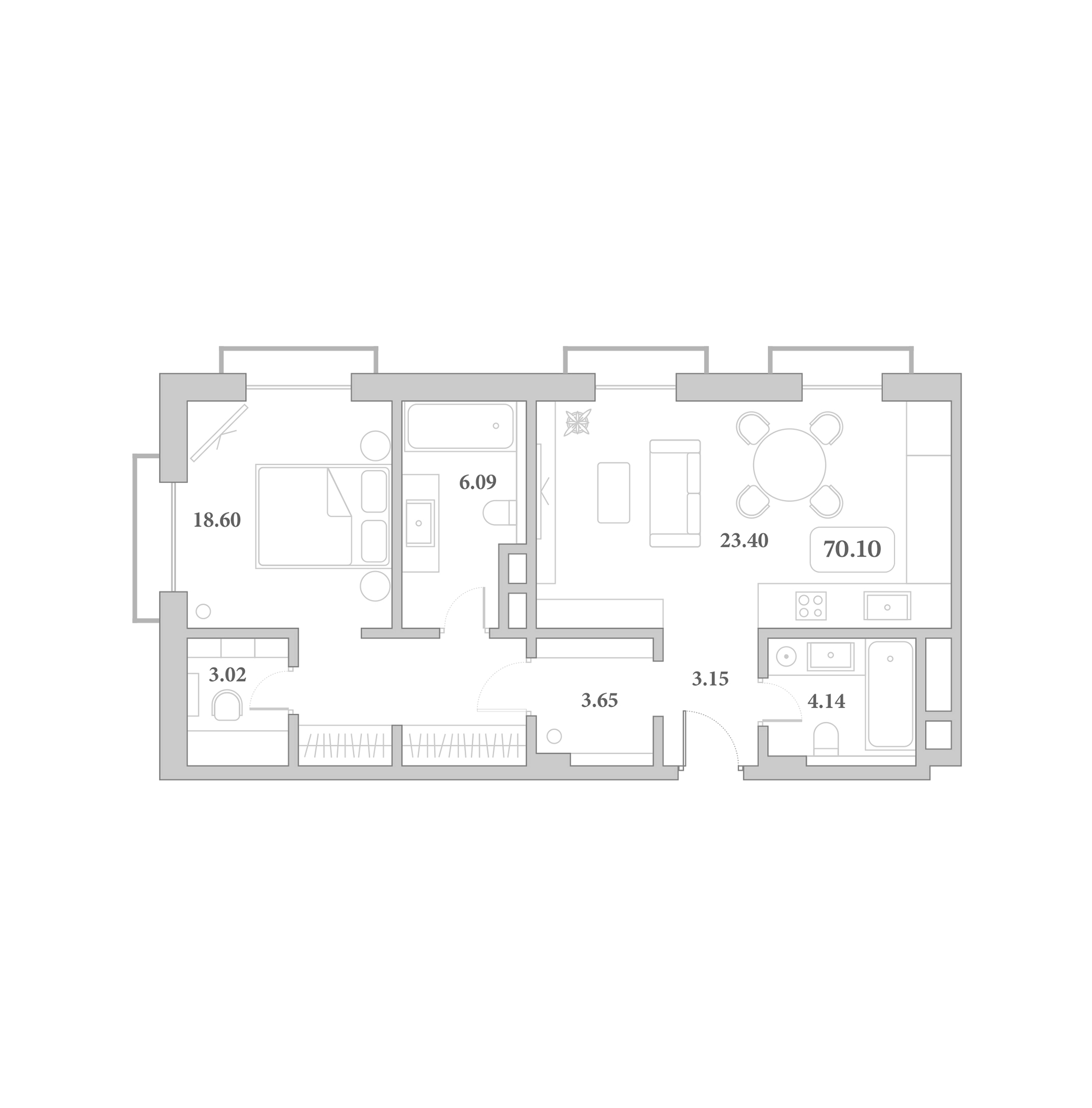 Планировка 2-комнатная 70,1 м²
