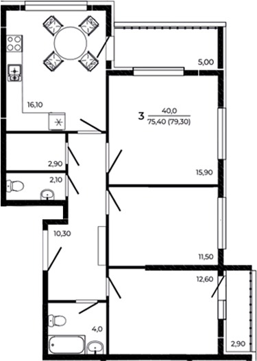 Планировка 3-комнатная 79,3 м²