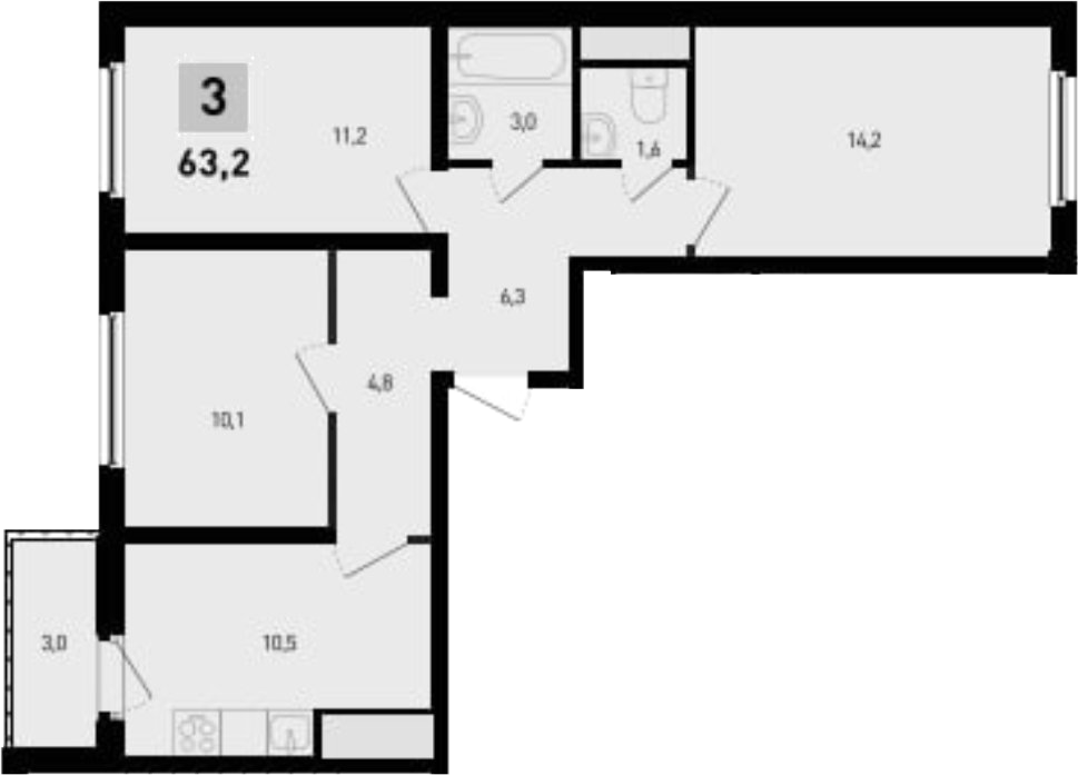 Планировка 3-комнатная 63,2 м²