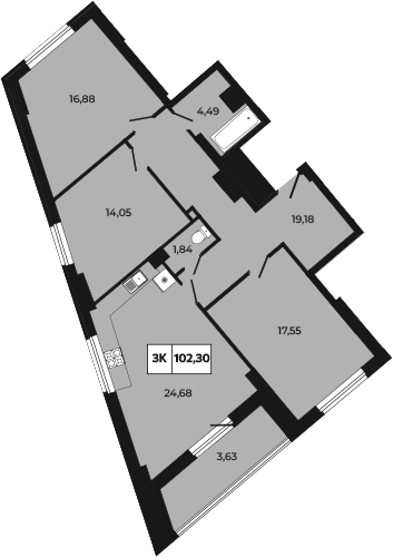 Планировка 3-комнатная 102,3 м²