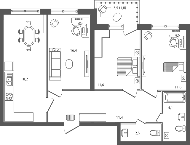 Планировка: 3-комн. квартира 77,6 м²