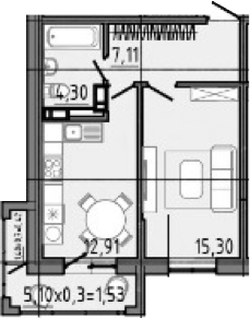 Планировка: 1-комн. квартира 47,5 м²