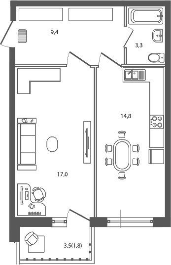 Планировка 1-комнатная 46,3 м²