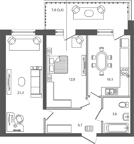 Планировка 2-комнатная 58 м²