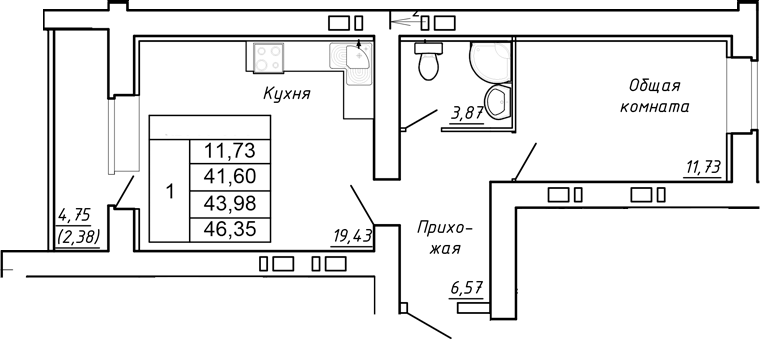 Планировка 1-комнатная 46,35 м²