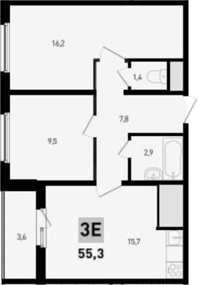 Планировка 3-комнатная 55,3 м²