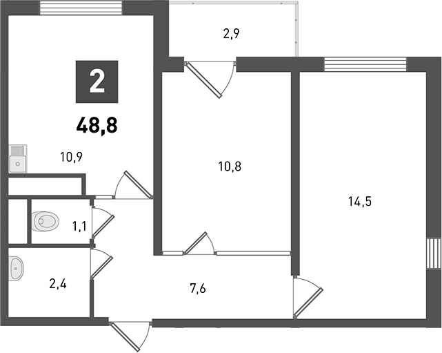 Планировка 2-комнатная 48,8 м²