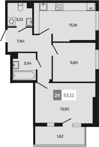 Планировка 2-комнатная 53,12 м²