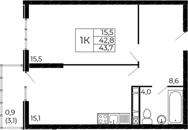 Планировка 1-комнатная 43,7 м²