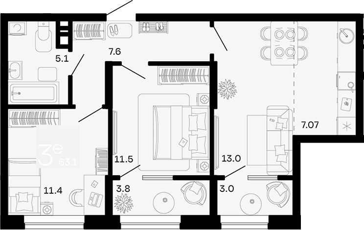 Планировка 3-комнатная 63,1 м²